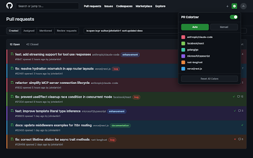 GitHub PR Colorizer :: Colorize GitHub pull request and issue rows by repository for quick visual grouping.