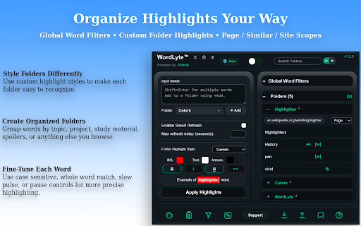 WordLyte - The Web Text Multi-Tool :: Highlight, bookmark, and organize words with folders, page filters, A/B compare, smart refresh, and clipboard history.