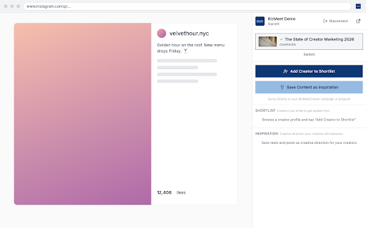 BizMeetCreator :: Shortlist creators and save content inspiration while browsing Instagram and TikTok
