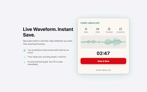 Simple Capture :: Capture audio, video, screenshots, and transcripts from any browser tab. Local-first, no account required.