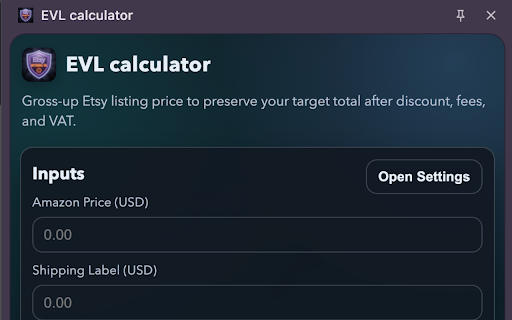 EVL calculator :: Compute Etsy listing prices that preserve EVL recovery target totals after discount, fees, and VAT.