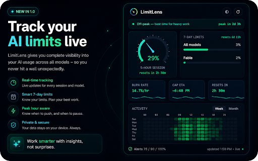 Claude Fable 5 Limit & Usage Tracker | Burn-Rate ETA - LimitLens :: Track Claude Fable 5 usage — live session gauge, weekly limits, burn-rate ETA, peak-hour advisor. 100% local & private.