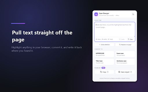 Case Changer :: Convert text to UPPERCASE, lowercase, Title Case or Sentence Case instantly. Grabs your page selection. Works offline.
