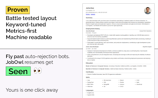 JobOwl – AI Resume & ATS Cheat Code :: AI resume optimizer that beats Applicant-Tracking-Systems and lands interviews. Click, tailor, send.