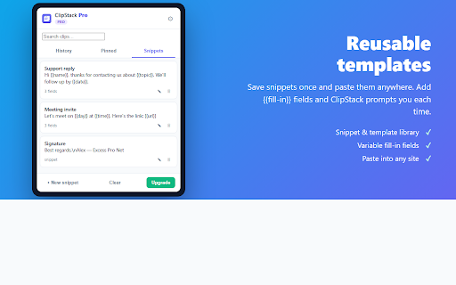 ClipStack Pro — Clipboard History & Templates :: Clipboard history with search, type filters, pinned clips, snippets, templates, smart text transforms, a quick-paste menu & sync.