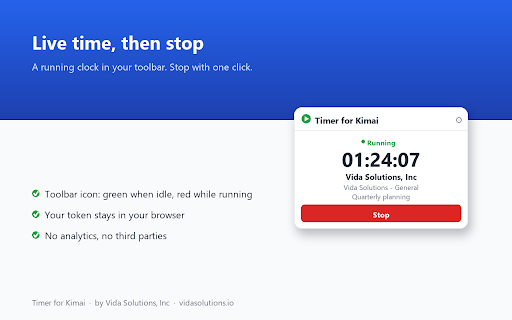 Timer for Kimai :: Start, stop, and resume time entries on your own self-hosted Kimai server, right from the browser toolbar.