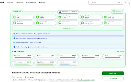 UpScore Pro - Smart Job Analysis for Upwork :: Save money on Upwork! Get instant job quality scores, risk warnings, and connect costs before applying to avoid bad clients.