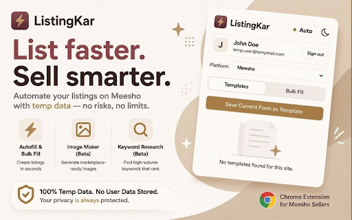listingkar :: Save & autofill product listing presets on Meesho Supplier Panel. Add catalogs faster.