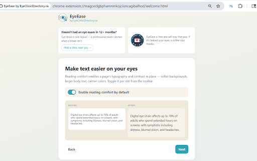 EyeEase by EyeClinicDirectory.ca :: Healthier screen time: 20-20-20 breaks with audio cue, per-site reading comfort, warm sunset tint. By EyeClinicDirectory.ca.