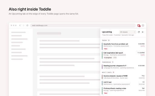 Upcoming for Toddle :: See your upcoming Toddle assignments and deadlines at a glance. Unofficial; not affiliated with Toddle.