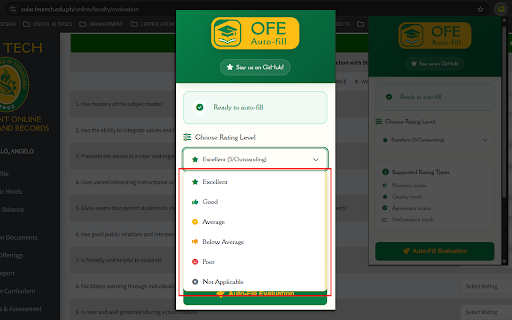 OFE Auto-fill :: Auto-fills Online Faculty Evaluation (OFE) forms with custom ratings to save time and streamline the evaluation process.