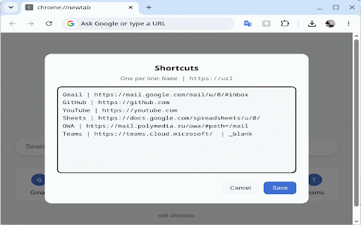 Custom New Tab :: Replaces the Chrome new tab page (Ctrl+T) with a custom HTML page.