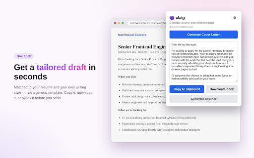 claig - Cover Letter AI Generator :: Scrapes the job description on the current page and generates a tailored cover letter using Claude.