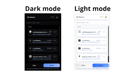 Tab Resume :: Keep a timeline of every site you open (title, URL, time). Search, reopen, copy. Dark/Light themes.