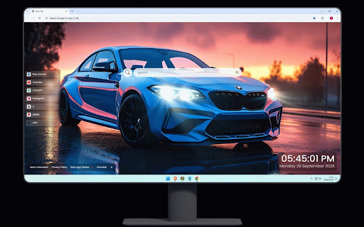 BMW M2 CS Live Wallpaper :: Stunning blue BMW M2 CS with pink accents on wet road under dramatic sunset sky.