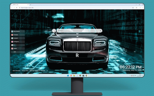 Rolls Royce Blue Live Wallpaper :: Luxurious Rolls-Royce with iconic grille illuminated by electric blue digital lighting against high-tech matrix backdrop.