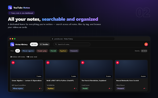 YouTube Notes :: Turn YouTube into a study tool: timestamped notes, tags, bookmarks, playlists, a progress dashboard, and cloud sync.