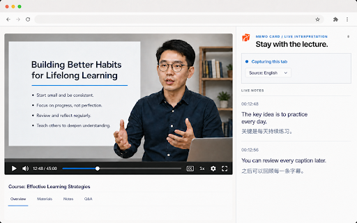 Memo Card: Live Transcription & Zoom Meeting Translation :: Real-time captions and translated text for the browser tab you choose.