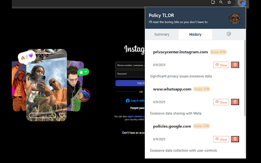 Policy TL;DR :: Detects privacy policy links and summarizes them via AI.