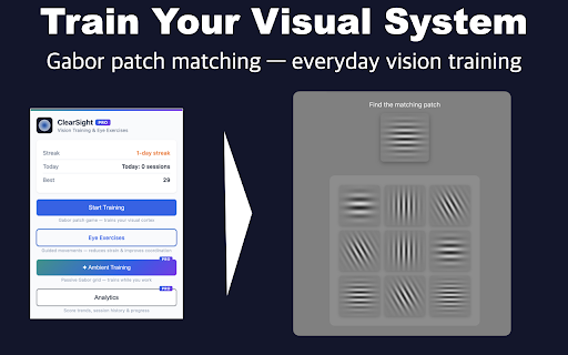 ClearSight — Vision Training & Eye Exercises :: Gabor patch vision training & eye exercises for screen fatigue, eye strain & convergence. 20-20-20 reminders. Free to start.