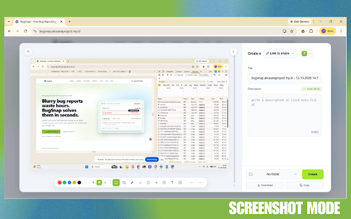 BugSnap - Bug Reporting & Screen Recorder :: Capture screenshots and screen recordings with audio, plus console logs and network errors, straight to your Google Drive.