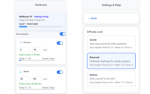 WellBuddy :: Friendly reminders for better posture, hydration and movement habits
