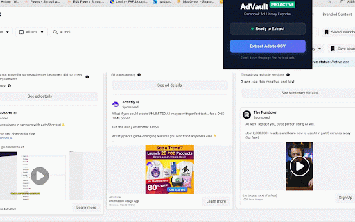 AdVault Pro - FB Ad Library Scraper :: Instantly export Facebook Ads to CSV with one click. Extracts ad copy, media URLs, out-links, and active status.
