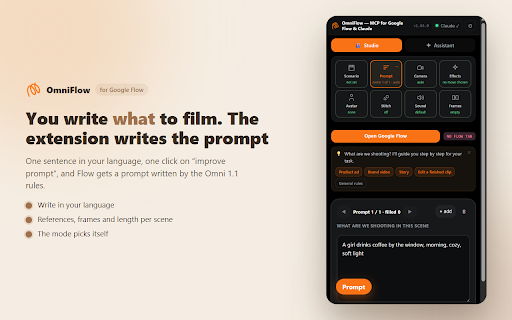 Automation — MCP for Google Flow, Google Vids & Claude: AI video autopilot :: Google Flow shoots a clip, Google Vids an avatar. OmniFlow shoots the queue: prompts, 39 cinematic moves, talking hosts. Via Claude.