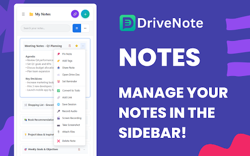 Drive Note - Notes, Todo, and Task Manager :: Professional note-taking in Chrome sidebar with AI features, Google Drive sync, and premium collaboration tools
