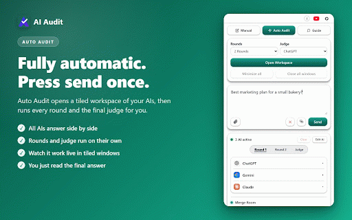AI Audit: Auto Compare All AI Answers. ChatGPT, Gemini, Claude & More AI :: Press send once, auto compare all AI answers into one trusted result. No chat data collected, no conversations read.