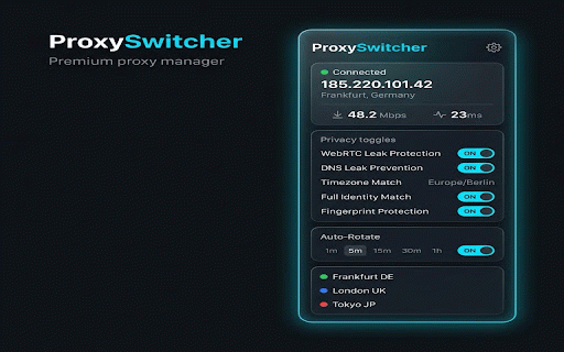 ProxySwitcher :: Manage multiple proxy profiles with one click. Auto-rotation, health monitoring, speed test, fingerprint protection, and more.