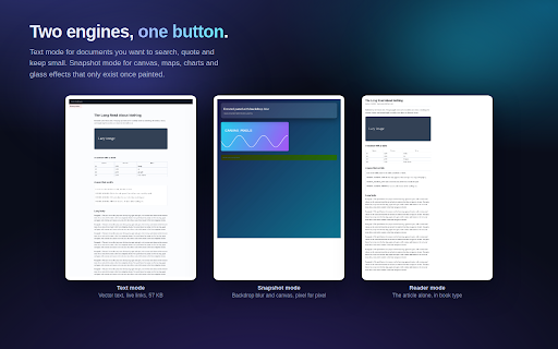 Page2PDF :: Save any web page as a PDF that looks exactly like the screen. Selectable text, working links, full page, no cut off content.