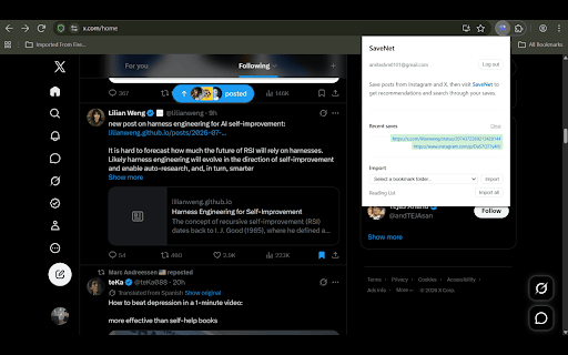 SaveNet - Save smarter, find faster :: Companion extension to SaveNet. Capture Instagram saves, X bookmarks, and browser bookmarks into your AI-powered library.