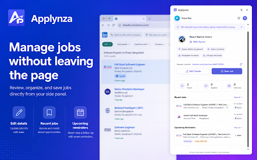Applynza :: A privacy-first browser extension for saving, organizing, and tracking job applications directly from job boards.