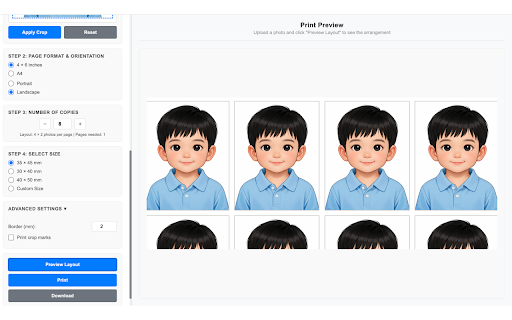 Tuvito Photo Printer :: Convert photos to passport size and arrange them for printing on 4x6 or A4 pages