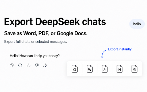 Chat Exporter for DeepSeek — Word, PDF, Google Docs, Markdown & Notion :: Save DeepSeek chats as Word, PDF, Google Docs, Markdown or Notion in one click. Export full conversations or selected messages.