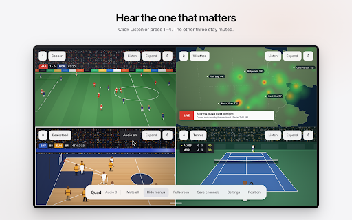 Quad — YouTube TV Multiview :: YouTube TV multiview for Chrome. Watch up to 4 games side by side in one fullscreen grid and switch the sound with a click.