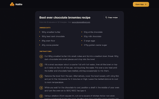 Recipe Clipper: Just the Recipe, by Halite :: Save recipes from any site with one click. Just the ingredients and steps, free, no account. Sign in to build your recipe library.