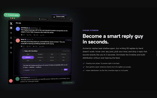 VoiceMoat for X :: AI-powered replies on X/Twitter in your authentic voice. Powered by your VoiceMoat voice profile and Auden AI.