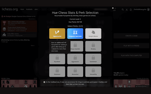 Perk Chess :: Gamification mod that adds colors, xp points, levels, and unlockable perks to lichess.org.