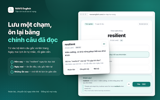 NAVS English — Tra & lưu từ vựng :: Bôi chọn từ tiếng Anh trên bất kỳ website nào → tra nghĩa → lưu vào bộ từ vựng kèm câu gặp từ, rồi ôn lại đúng lúc.
