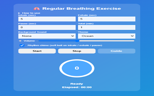 Regular Breathing Exercise :: A guided breathing exercise with adjustable timing, ambient sounds, and rhythm chimes. Click the icon to open it in a new tab.