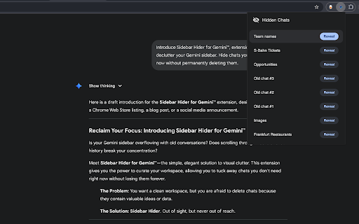Sidebar Hider for Gemini™ :: Clean up your sidebar by hiding specific chats without deleting them.