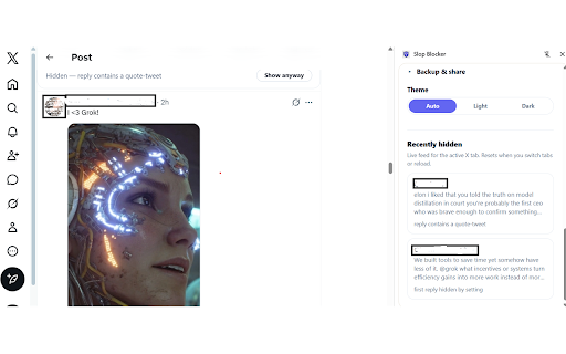 Slop Blocker :: Local-first browser extension that filters bots, AI-generated replies, and keyword-matched content on Twitter/X.