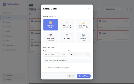 TabTaskTick: Tab & Task Manager :: Tab manager with built-in to-dos, Kanban, auto-grouping, and snooze. Local-only, no account, no tracking. Built for GTD.
