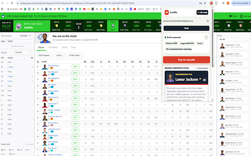 JustWin: real-time AI recommendations for your live fantasy football draft :: JustWin is an AI-powered desktop Chrome extension that provides real-time recommendations for your live fantasy football draft.