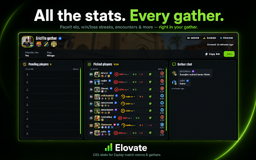 Elovate :: CS2-statistik i Esplays matchrum och gathers, plus FACEIT-statistik på Steam-profiler. Ingen automatisering - bara visuell info.