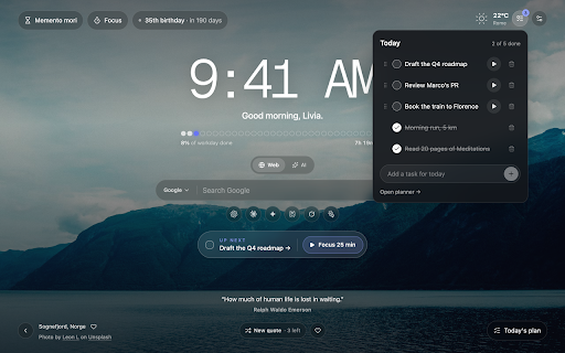 Morimantra New Tab :: A calm daily launchpad on every new tab: clock, search, daily mantra and scenery, weather, and your next task.