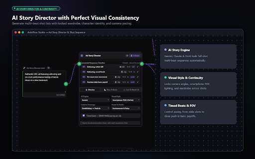 AutoFlow Studio — Node Workflows for AI Video :: Visual node workflows that automate multi-step AI video generation in your browser. Independent tool, no affiliation.
