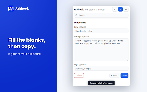 Askbook — AI Prompt Manager & Library :: Your prompt library for every AI. Version history, backup files, and one-key copy — never lose a prompt again.